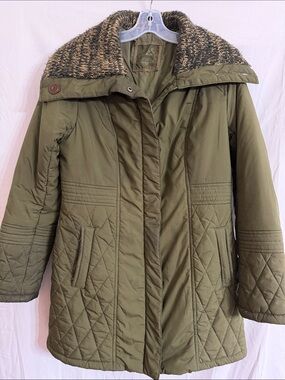 Prana Olive Quilted Women's Puffer Coat with Knit Funnel Collar
